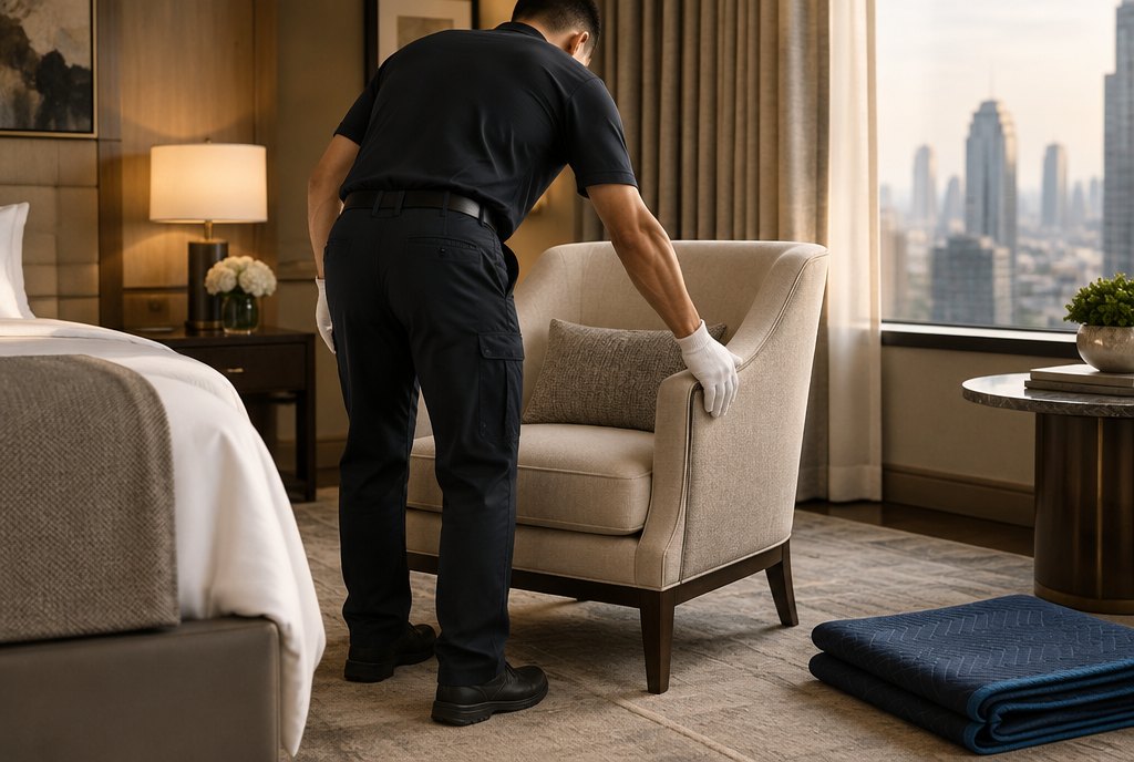White-glove installer in a luxury hotel room