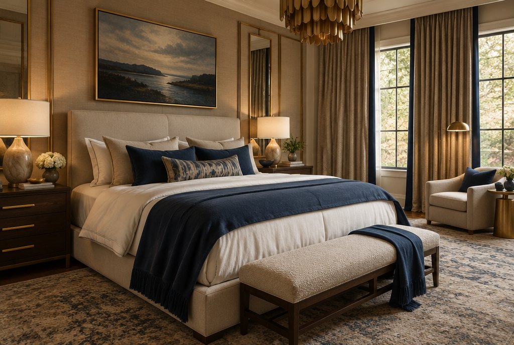 Finished luxury bedroom, reveal-ready