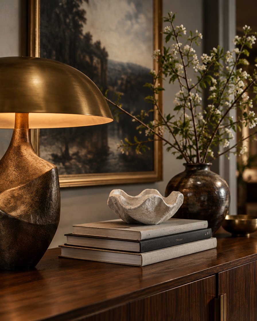 Styled luxury console vignette in a designed home